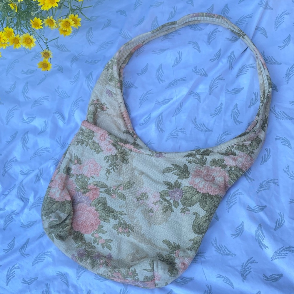 Floral pink and green quilted satchel bag - handmade!